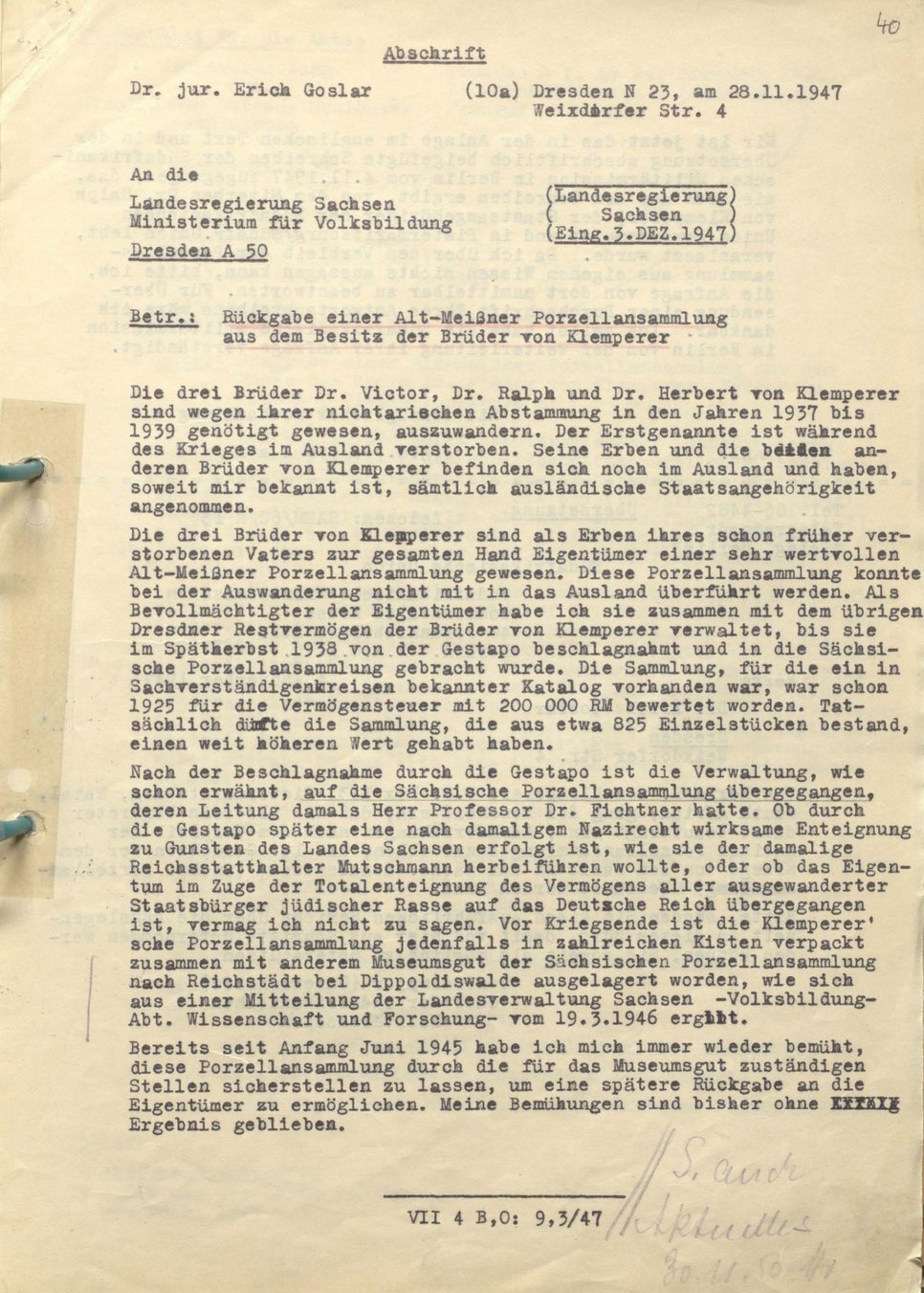 Abbildung einer Seite aus einer Akte. Der Text ist maschinengeschrieben.