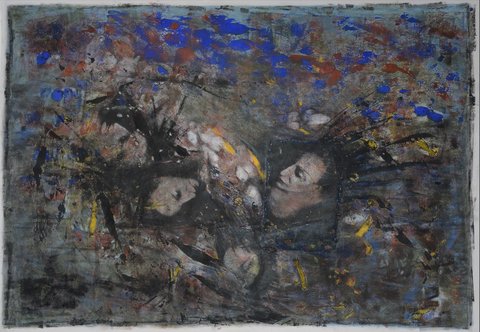Anja Elze: &quot;That moment&quot;, Gemälde, das zwei Frauenköpfe in einem diffusen Strudel aus dunklem Schwarz, Blau und Grau zeigt.