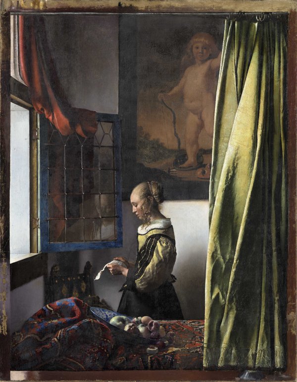 Johannes Vermeer, Briefleserin am offenen Fenster, c. 1657–1659. Zustand nach der Restaurierung.