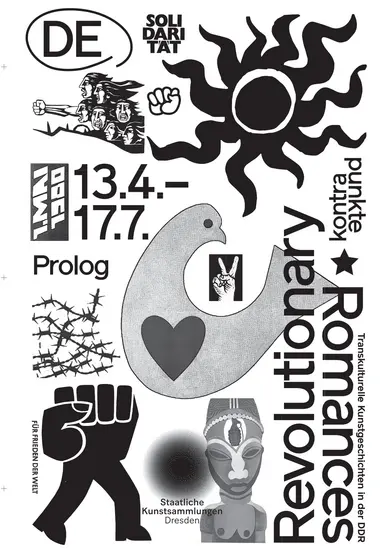 Vor weißem Hintergrund sind verschiedene holzschnittartige Symbole zu sehen, die ikonische Repräsentationen der kulturellen Verbindungen der DDR mit den ehemaligen Partnerländern repräsentieren: eine Sonne, eine Friedenstaube, eine Hand, die das Peace-Zeichen zeigt, Stacheldraht, eine nach oben gereckte Faust, die den Oberkörper einer Figur bildet und einige weitere.
