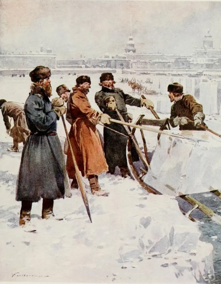 [Translate to English:] Frédéric de Haenen, Ice cutting on the Neva, circa 1913.