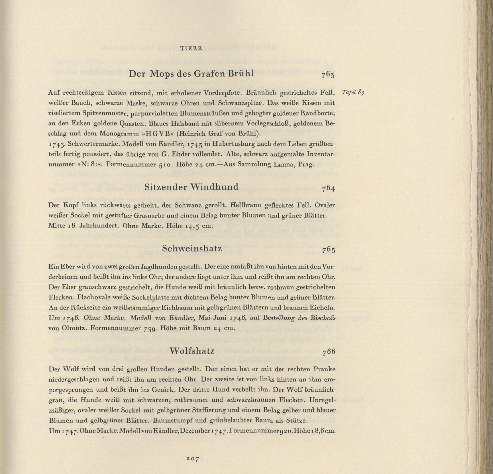 Scan einer Seite aus dem Katalog der Porzellansammlung von Klemperer. Es zeigt die Beschreibung einer Mopsfigur, die unter dem Namen "Der Mops des Grafen Brühl" bekannt ist.