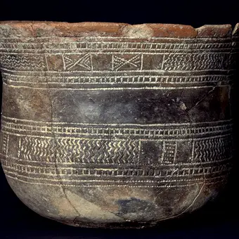 The Bell Beaker culture is named after its bell-shaped vessels such as this one from Kölsa, in the North Saxony district. It comes from the grave of a woman who was exceptionally old for the period, at 48 to 69 years of age (https://archaeo3d.de/sachsen/2019-04-24_fi_0002/) and, according to carbon-14 dating, was buried between 2402 and 2200 BC. Both bones in her lower forearm showed signs of a healed “nightstick” fracture that may have come from warding off a blow or a similar defensive action.