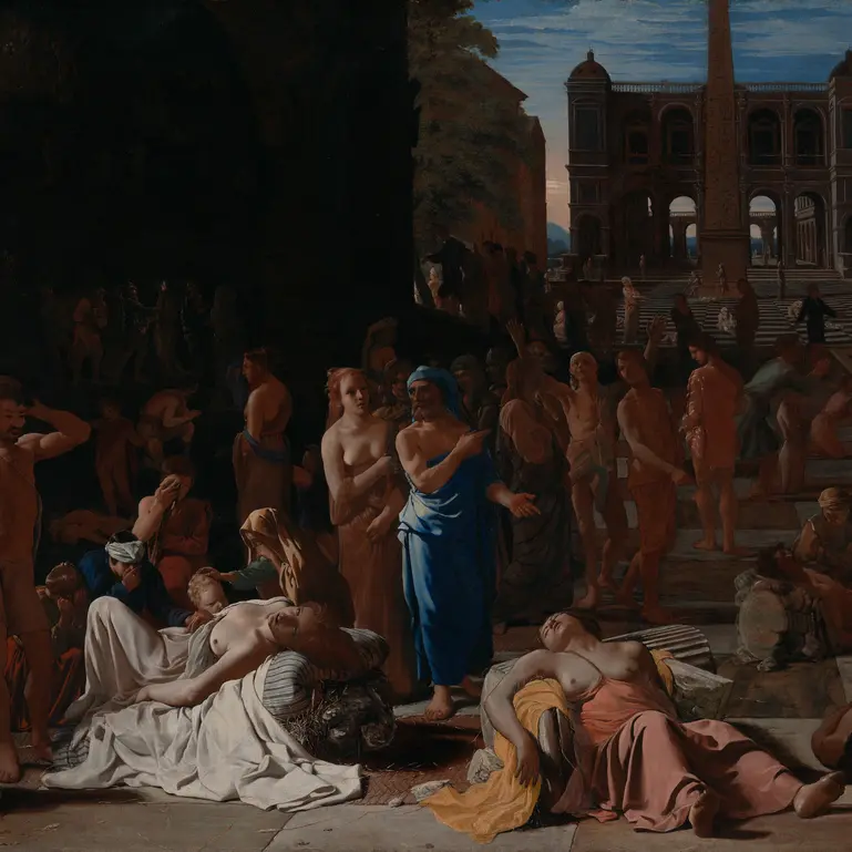 [Translate to English:] Oil painting showing a multitude of people in an ancient city street. People are praying, talking and suffering. In the foreground lie some who seem dead or near death.