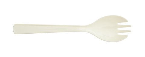 Löffel-Gabel-Hybrid mit Zinken-Einschnitten an der Löffelspitze aus weißem Plastik