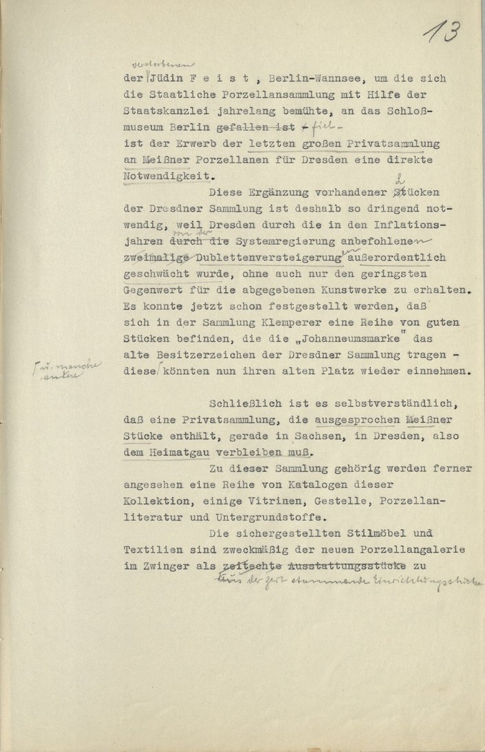 Maschinengeschriebene Seite aus einer Akte. An den Rändern wurden handschriftliche Ergänzungen vorgenommen.