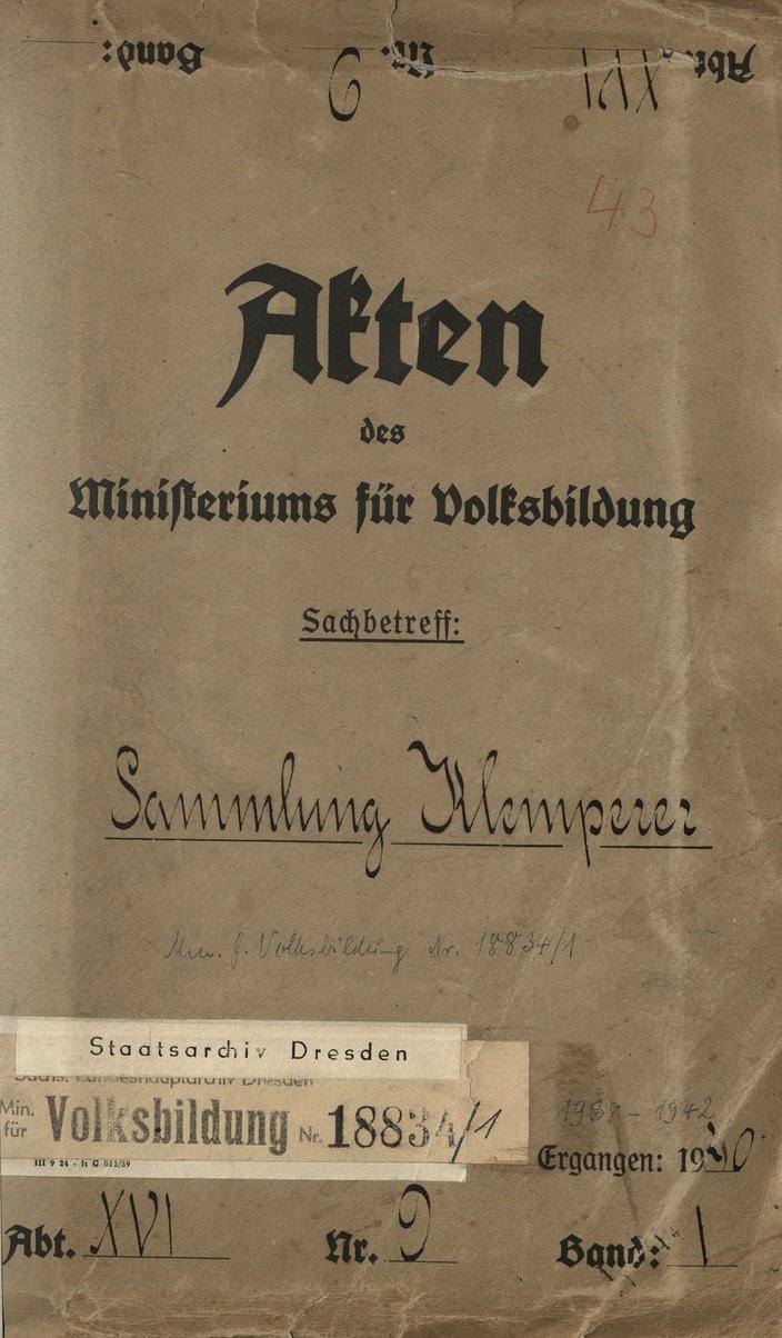 Titelblatt einer Akte. Darauf steht Akten des Ministeriums für Volksbildung. Sachbetreff: Sammlung Klemperer