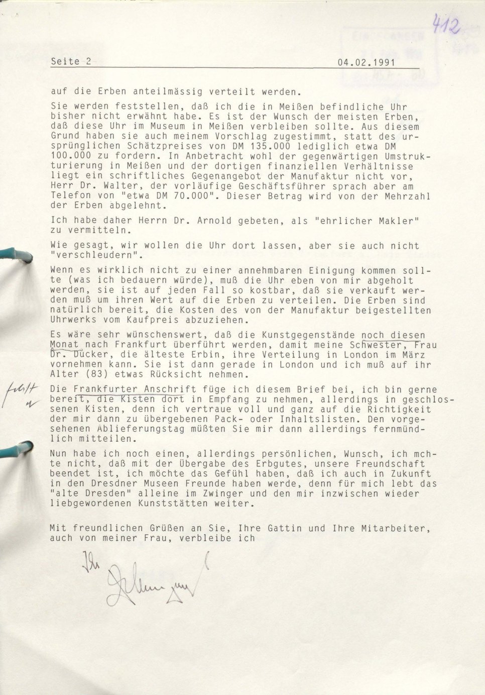 Scan eines maschinengeschriebenen Briefes aus dem Jahr 1991.
