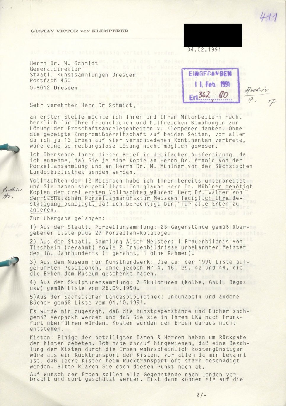 Scan eines maschinengeschriebenen Briefes aus dem Jahr 1991.